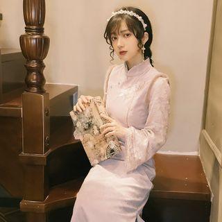 Sleeveless Mandarin Collar Midi Dress / Lace Midi A-line Dress