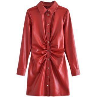 Faux Leather Shirred Mini Shirtdress