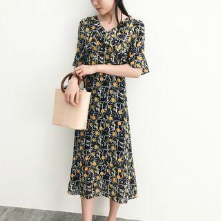 Short-sleeve V-neck Floral Print Midi Chiffon Dress