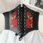 Embroidered Rose Faux Leather Corset Belt Black - One Size