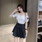 Bow Cold-shoulder Short-sleeve Blouse / Striped Mini A-line Pleated Skirt