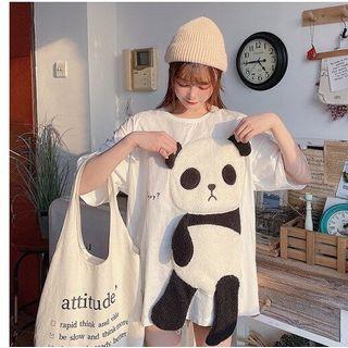 Panda Applique Elbow-sleeve T-shirt