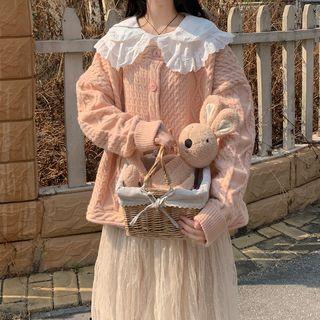 Layered Collar Blouse / Cable-knit Cardigan / Mesh Midi Skirt