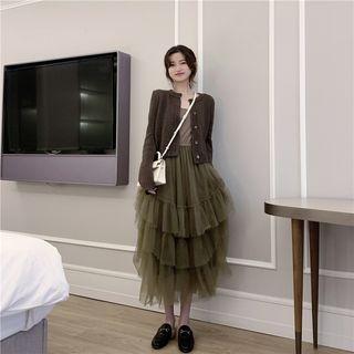 Plain Cardigan / Spaghetti Strap Mesh Midi A-line Dress