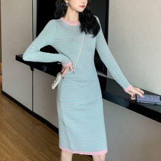 Long-sleeve Striped Knit Sheath Dress As Shown In Figure - One Size