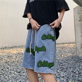 Drawstring Waist Letter Applique Denim Shorts