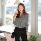Half-placket Flap-detail Stripe Blouse