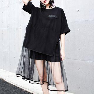 Short-sleeve Mesh Hem T-shirt Black - One Size