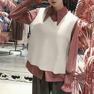 Set: Balloon-sleeve Shirt + Side-tie Vest