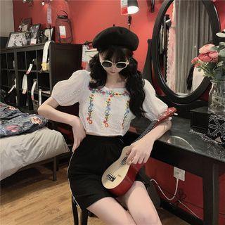 Floral Embroidered Puff-sleeve Eyelet Blouse White - One Size