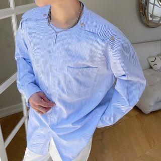 Long-sleeve Round Neck Pinstriped Shirt