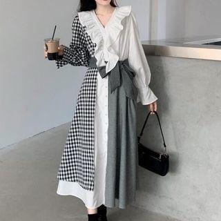 Long-sleeve V-neck Asymmetrical Layered Midi Dress
