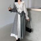 Long-sleeve V-neck Asymmetrical Layered Midi Dress