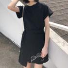 Plain Tie-waist Short-sleeve T-shirt Dress Black - One Size