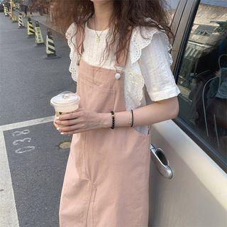 Short Sleeve Eyelet Lace Ruffled Blouse / Denim Midi Overall Dress