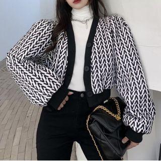 Pattern Cardigan Black V - White - One Size