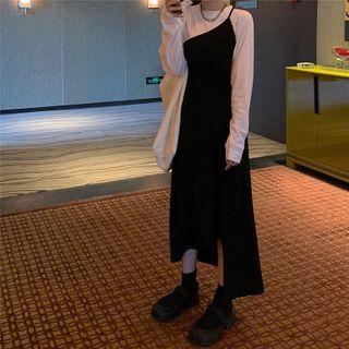 Set : Crewneck Long-sleeve Top + Plain Sleeveless Dress Black - One Size