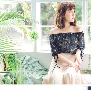 Tie-cuff Floral Print Off Shoulder Top
