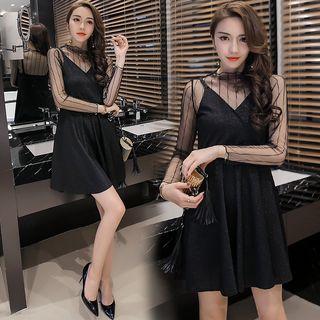 Set: Mesh Long Sleeve Top + Plain Spaghetti Strap Dress