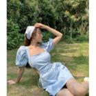 Puff-sleeve Plain Cutout Dress