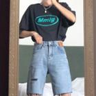 Lettering Loose-fit T-shirt / Denim Ripped Shorts