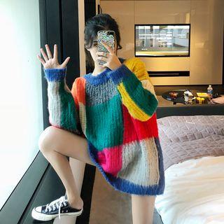 Loose-fit Colorblock Knit Sweater Check - One Size