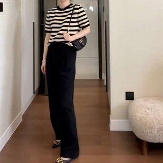 Set: Short Sleeve Striped Knit Top + Plain Loose Dress Pants