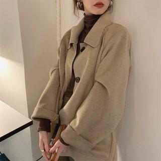 Plain Pocket-detail Long-sleeve Coat Oatmeal - One Size
