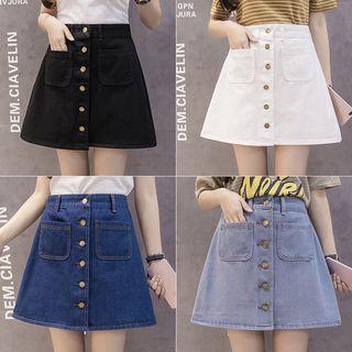 Oversized Buttoned Front Pockets Denim Skirt