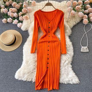V-neck Striped Slit Long-sleeve Knit Dress