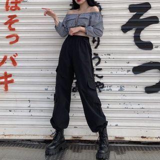 Off-shoulder Cropped Top / Drawstring Hem Side-pocket Cargo Pants