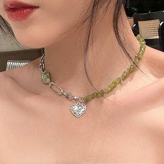 Heart Pendant Faux Crystal Stainless Steel Choker Love Heart - Green - One Size