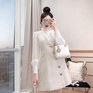 Set: Tie-neck Blouse + Asymmetric Sleeve Pinafore Dress