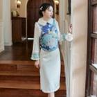 Long-sleeve Midi Qipao Dress / Print Vest