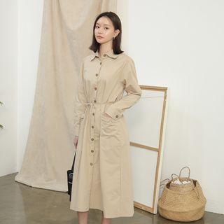 Dual-pocket Drawstring-waist Maxi Shirtdress Beige - One Size