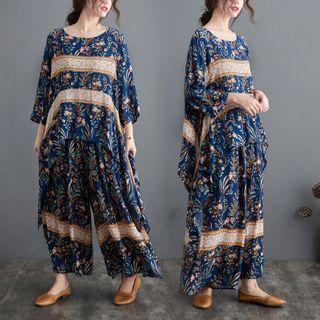 Set: 3/4-sleeve Floral Print Top + Pants Set - Blue - One Size