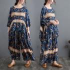 Set: 3/4-sleeve Floral Print Top + Pants Set - Blue - One Size