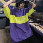 3/4-sleeve Color Block Oversized Polo Shirt