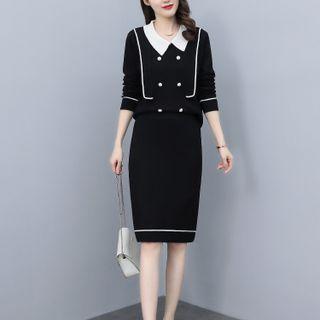 Set: Collar Two-tone Knit Top + Pencil Skirt