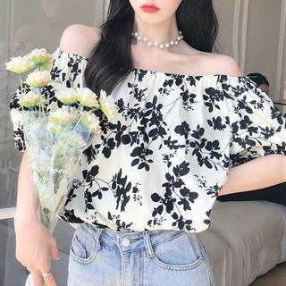 Puff-sleeve Off-shoulder Floral Print Blouse Black Floral - White - One Size