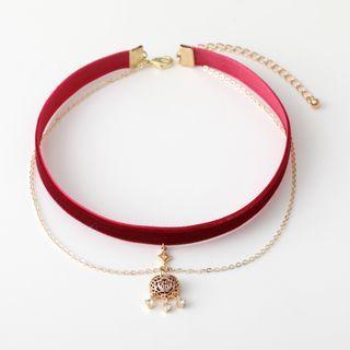 Money Bag Pendant Velvet Choker 1pc - Gold & Red - One Size