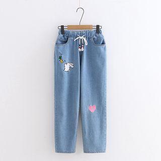 Rabbit Embroidered Washed Straight-cut Jeans