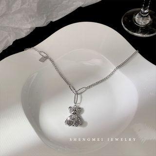 Rhinestone Bear Pendant Necklace 1 Pc - Silver - One Size