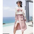 Set: Lettering Short-sleeve Long T-shirt + Striped Midi Skirt
