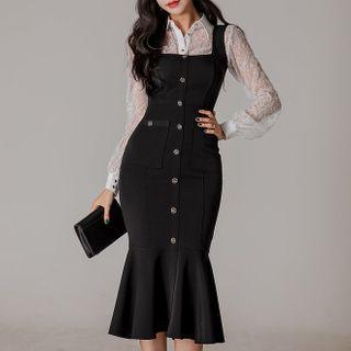 Set: Lace Blouse + Ruffle Hem Midi Overall Dress