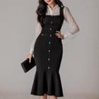 Set: Lace Blouse + Ruffle Hem Midi Overall Dress