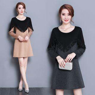 Fringed Trim Color Block Long-sleeve Dress