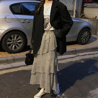 Boxy Blazer / Print Tiered Midi Chiffon Skirt