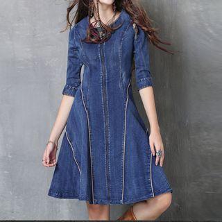Zip Front 3/4-sleeve A-line Denim Dress