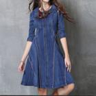 Zip Front 3/4-sleeve A-line Denim Dress
